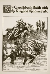 Sir Gareth kämpft mit dem Ritter des Flussübergangs, Illustration aus 